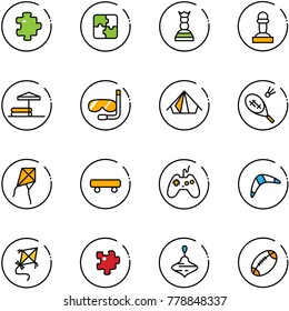 line vector icon set - puzzle vector, chess queen, pawn, inflatable pool, diving, tent, badminton, kite, skateboard, joystick, boomerang, wirligig toy, football
