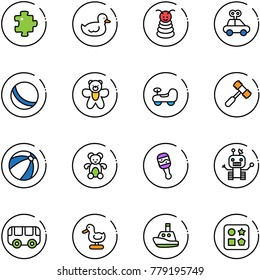 line vector icon set - puzzle vector, duck toy, pyramid, car, ball, bear, baby, hammer, beach, beanbag, robot, bus, boat, cube hole