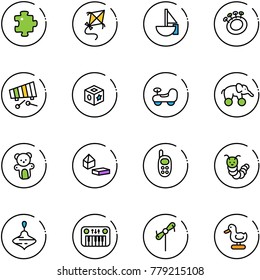 line vector icon set - puzzle vector, kite, sailboat toy, beanbag, xylophone, cube, baby car, elephant wheel, bear, constructor blocks, phone, caterpillar, wirligig, piano, windmill, duck