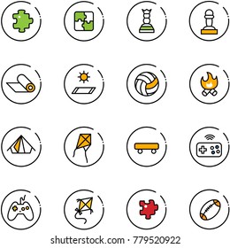 line vector icon set - puzzle vector, chess queen, pawn, mat, volleyball, fire, tent, kite, skateboard, joystick wireless, football