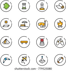 line vector icon set - puzzle vector, chess tower, pawn, mat, inflatable pool, diving, fire, tent, skateboard, pyramid toy, joystick, boomerang, kite, wirligig, football