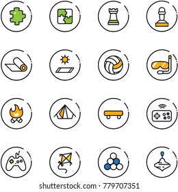 line vector icon set - puzzle vector, chess tower, pawn, mat, volleyball, diving, fire, tent, skateboard, joystick wireless, kite, billiards balls, wirligig toy