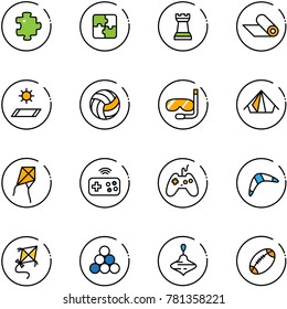 line vector icon set - puzzle vector, chess tower, mat, volleyball, diving, tent, kite, joystick wireless, boomerang, billiards balls, wirligig toy, football