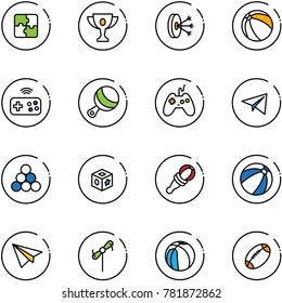 line vector icon set - puzzle vector, gold cup, solution, ball, joystick wireless, beanbag, paper plane, billiards balls, cube toy, beach, windmill, basketball, football