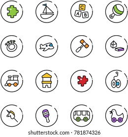 line vector icon set - puzzle vector, sailboat toy, abc cube, beanbag, plane, hammer, constructor blocks, train, block house, yoyo, unicorn stick, bus, duck