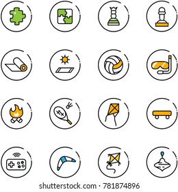 line vector icon set - puzzle vector, chess queen, pawn, mat, volleyball, diving, fire, badminton, kite, skateboard, joystick wireless, boomerang, wirligig toy