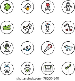 line vector icon set - puzzle vector, dolphin, pyramid toy, robot, crocodile, dinosaur, beanbag, wheel horse, horn, rabbit, bear, piano, windmill