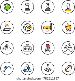 line vector icon set - puzzle vector, chess tower, queen, pawn, mat, volleyball, diving, fire, tent, joystick wireless, pyramid toy, boomerang, billiards balls, wirligig, football