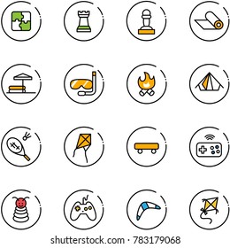 line vector icon set - puzzle vector, chess tower, pawn, mat, inflatable pool, diving, fire, tent, badminton, kite, skateboard, joystick wireless, pyramid toy, boomerang