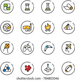 line vector icon set - puzzle vector, chess tower, queen, mat, volleyball, diving, fire, tent, kite, joystick, boomerang, billiards balls, wirligig toy, football