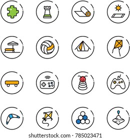 line vector icon set - puzzle vector, chess tower, mat, inflatable pool, volleyball, tent, kite, skateboard, joystick wireless, pyramid toy, boomerang, billiards balls, wirligig