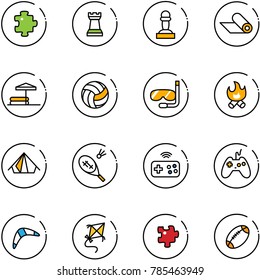 line vector icon set - puzzle vector, chess tower, pawn, mat, inflatable pool, volleyball, diving, fire, tent, badminton, joystick wireless, boomerang, kite, football