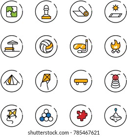 line vector icon set - puzzle vector, pawn, mat, inflatable pool, volleyball, diving, fire, tent, kite, skateboard, pyramid toy, billiards balls, wirligig