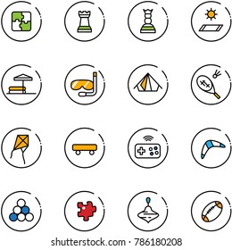 line vector icon set - puzzle vector, chess tower, queen, mat, inflatable pool, diving, tent, badminton, kite, skateboard, joystick wireless, boomerang, billiards balls, wirligig toy, football