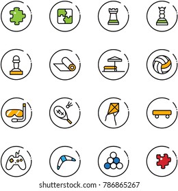 line vector icon set - puzzle vector, chess tower, queen, pawn, mat, inflatable pool, volleyball, diving, badminton, kite, skateboard, joystick, boomerang, billiards balls