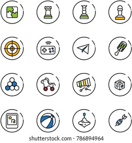line vector icon set - puzzle vector, chess tower, queen, pawn, target, joystick wireless, paper plane, beanbag, billiards balls, wheel horse, xylophone, cube toy, game console, beach ball, wirligig