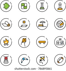 line vector icon set - puzzle vector, chess queen, pawn, mat, inflatable pool, volleyball, fire, kite, skateboard, joystick wireless, pyramid toy, boomerang, football