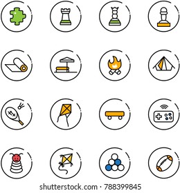 line vector icon set - puzzle vector, chess tower, queen, pawn, mat, inflatable pool, fire, tent, badminton, kite, skateboard, joystick wireless, pyramid toy, billiards balls, football