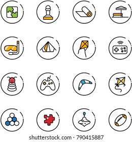 line vector icon set - puzzle vector, pawn, mat, inflatable pool, diving, tent, kite, joystick wireless, pyramid toy, boomerang, billiards balls, wirligig, football