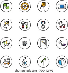 line vector icon set - puzzle vector, target, kite, game console, shovel fork toy, beanbag, wheel horse, xylophone, cube, constructor blocks, train, yoyo, windmill, basketball