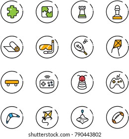 line vector icon set - puzzle vector, chess tower, pawn, mat, diving, badminton, kite, skateboard, joystick wireless, pyramid toy, boomerang, wirligig, football