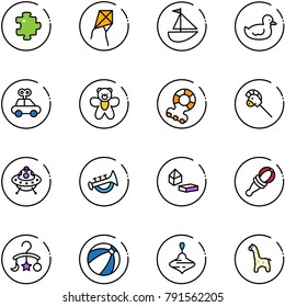 line vector icon set - puzzle vector, kite, sailboat toy, duck, car, bear, teethers, horse stick, ufo, horn, constructor blocks, beanbag, baby carousel, beach ball, wirligig, giraffe