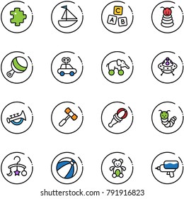 line vector icon set - puzzle vector, sailboat toy, abc cube, pyramid, beanbag, car, elephant wheel, ufo, horn, hammer, caterpillar, baby carousel, beach ball, bear, water gun
