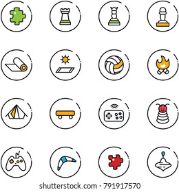 line vector icon set - puzzle vector, chess tower, queen, pawn, mat, volleyball, fire, tent, skateboard, joystick wireless, pyramid toy, boomerang, wirligig