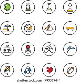 line vector icon set - puzzle vector, chess tower, queen, pawn, inflatable pool, volleyball, tent, skateboard, joystick wireless, pyramid toy, boomerang, kite, billiards balls, football