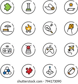line vector icon set - puzzle vector, chess queen, mat, inflatable pool, fire, badminton, kite, joystick wireless, pyramid toy, billiards balls, wirligig, football