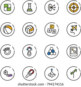 line vector icon set - puzzle vector, chess queen, solution, target, ball, volleyball, abc cube, kite, beanbag, billiards balls, game console, constructor blocks, wirligig toy, windmill