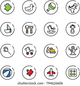 line vector icon set - puzzle vector, duck toy, beanbag, dinosaur, sailboat, shovel fork, rocking horse, stick, wheel, excavator, robot, beach ball, plane, cube hole