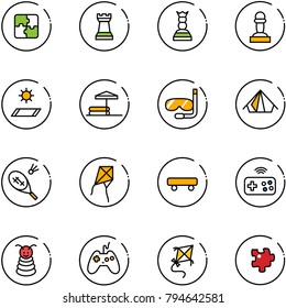 line vector icon set - puzzle vector, chess tower, queen, pawn, mat, inflatable pool, diving, tent, badminton, kite, skateboard, joystick wireless, pyramid toy
