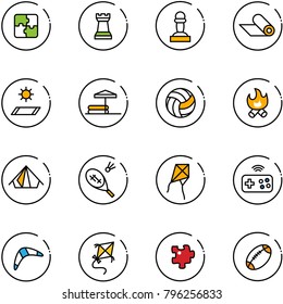 line vector icon set - puzzle vector, chess tower, pawn, mat, inflatable pool, volleyball, fire, tent, badminton, kite, joystick wireless, boomerang, football