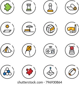 line vector icon set - puzzle vector, chess tower, pawn, mat, inflatable pool, volleyball, diving, tent, kite, joystick wireless, pyramid toy, billiards balls, wirligig, football