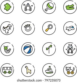line vector icon set - puzzle vector, robot, beanbag, crocodile, dinosaur toy, plane, caterpillar, beach ball, windmill, bus, giraffe, boat, cat