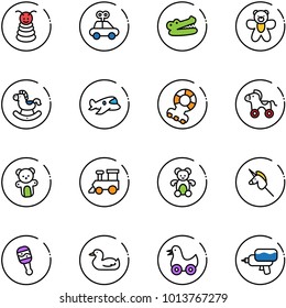 line vector icon set - pyramid toy vector, car, crocodile, bear, rocking horse, plane, teethers, wheel, train, unicorn stick, beanbag, duck, water gun