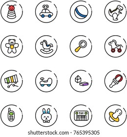 line vector icon set - pyramid toy vector, car, ball, dinosaur, bear, rocking horse, beanbag, wheel, xylophone, baby, constructor blocks, phone, rabbit, piano, soother