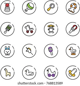 line vector icon set - pyramid toy vector, beanbag, teethers, wheel horse, doll, rabbit, unicorn stick, duck, giraffe, soother