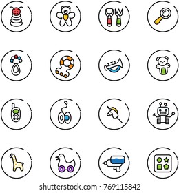 line vector icon set - pyramid toy vector, bear, shovel fork, beanbag, teethers, horn, phone, yoyo, unicorn stick, robot, giraffe, duck, water gun, cube hole