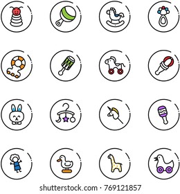 line vector icon set - pyramid toy vector, beanbag, rocking horse, teethers, wheel, rabbit, baby carousel, unicorn stick, doll, duck, giraffe