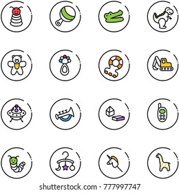 line vector icon set - pyramid toy vector, beanbag, crocodile, dinosaur, bear, teethers, excavator, ufo, horn, constructor blocks, phone, caterpillar, baby carousel, unicorn stick, giraffe