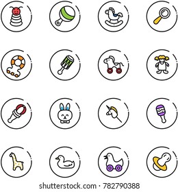 line vector icon set - pyramid toy vector, beanbag, rocking horse, teethers, wheel, doll, rabbit, unicorn stick, giraffe, duck, soother