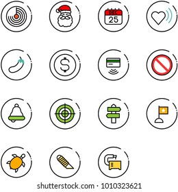 line vector icon set - radar vector, santa claus, 25 dec calendar, heart beat, eggplant, dollar coin, tap pay, prohibition road sign, bell, target, signpost, flag, sea turtle, work knife