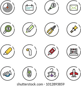 line vector icon set - radar vector, schedule, money torch, mail, search, highlight marker, pliers, dowel, work knife, allen key, abacus, horn toy, phone, baby carousel, plane