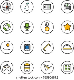 line vector icon set - radar vector, pear, finance calendar, money chest, lifebuoy, office chair, star medal, lounger, cpu, staple, construction helmet, joystick, toy block house, paper plane
