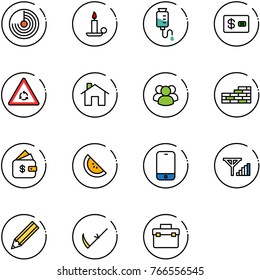 line vector icon set - radar vector, candle, drop counter, credit card, round motion road sign, home, group, brick wall, finance management, watermelone, mobile phone, fine signal, pencil, scythe