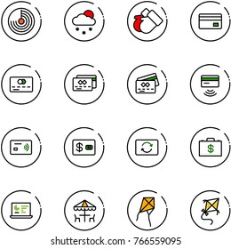 line vector icon set - radar vector, snowfall, gloves, credit card, tap pay, exchange, money case, statistics monitor, outdoor cafe, kite