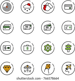 line vector icon set - radar vector, snowfall, gloves, credit card, tap pay, money case, gear, signpost, diamond, outdoor cafe, kite