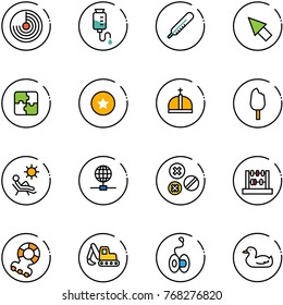 line vector icon set - radar vector, drop counter, thermometer, cursor, puzzle, star medal, crown, ice cream, beach, globe, rivet, abacus, teethers, excavator toy, yoyo, duck